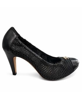 CHANEL Black Mesh Pearl CC Logo Cap Toe Pump Heels Size 38 1/2